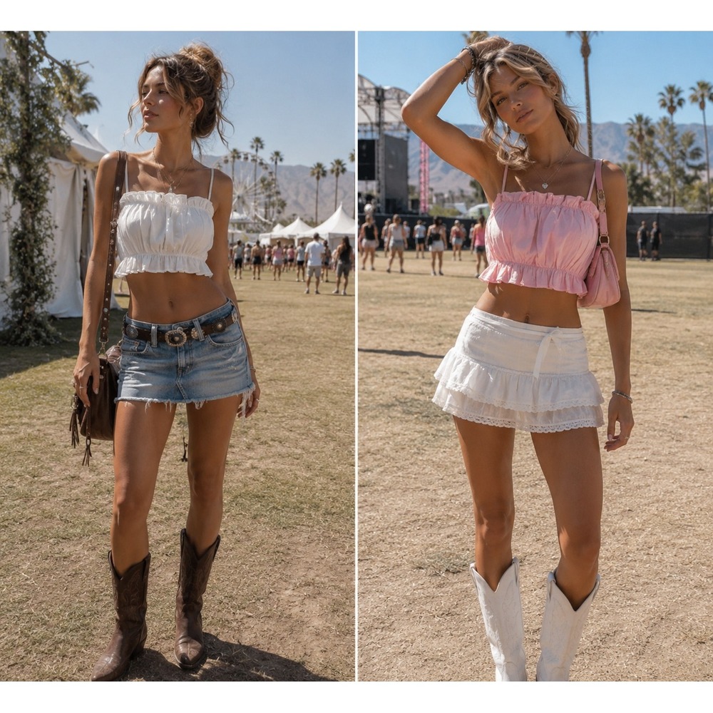Y2K Ruffle‎ Hem Cropped Cami Womens S Lot 2 Coquette Festival Crop Top Baddie